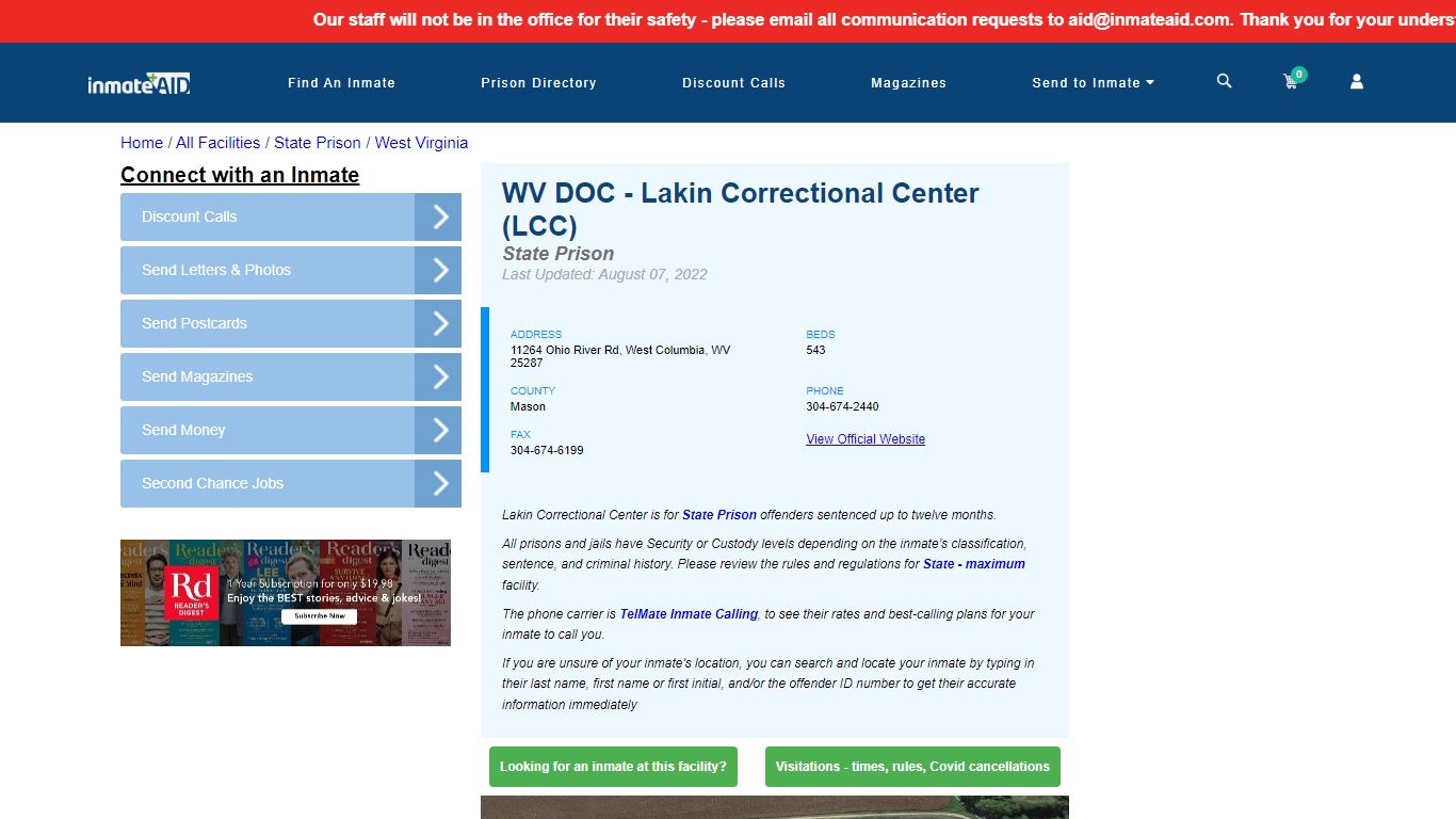 WV DOC - Lakin Correctional Center (LCC) & Inmate Search ...